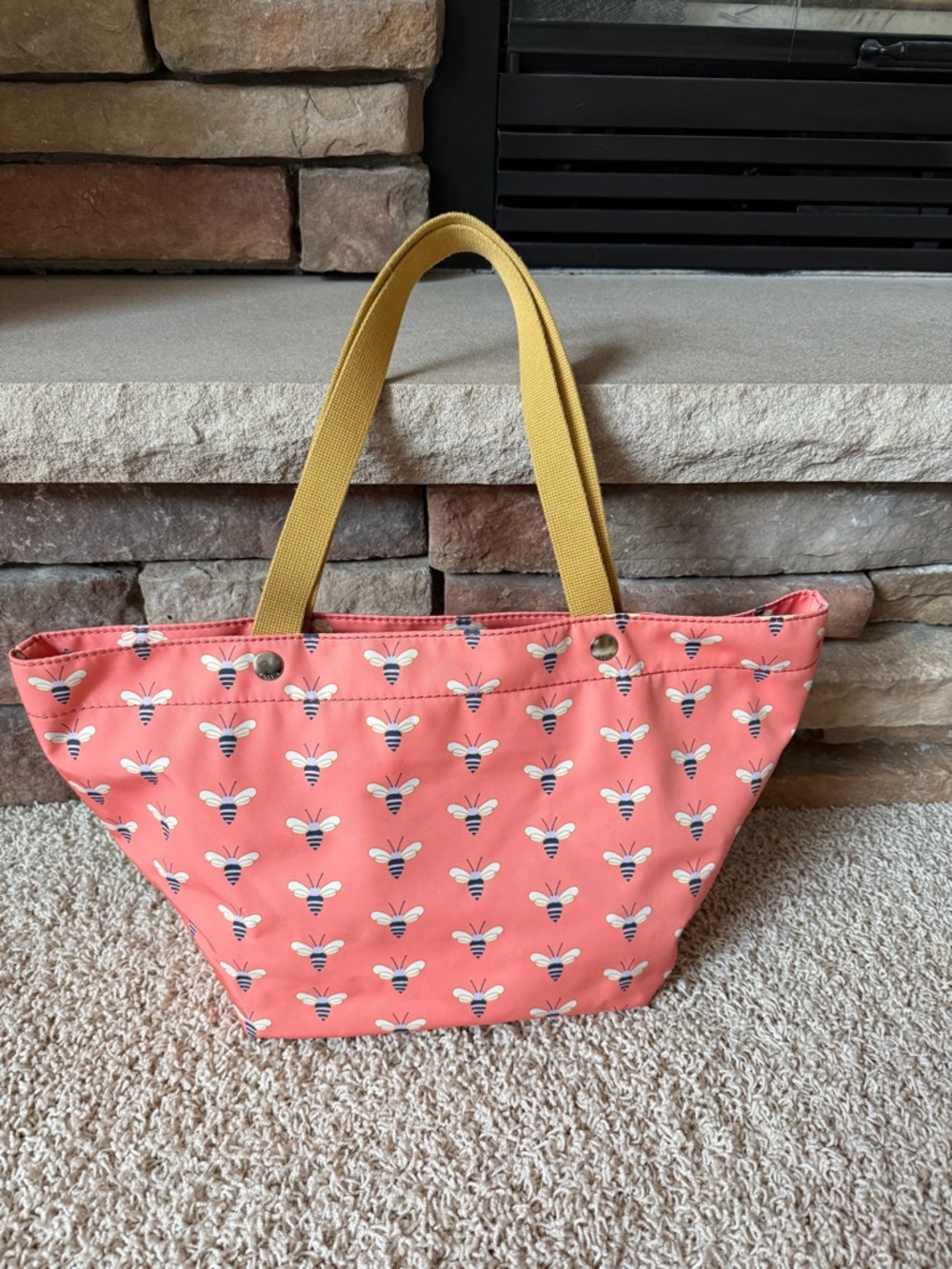 Fossil East West Tote Bag Coral Bee Print Shoulder Bag with Gold Handles Zip Top